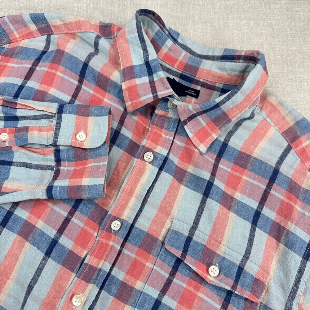 Gap Slub Linen Shirt Mens XL Blue Coral Plaid Slim Fit Long Sleeve 191700 EUC